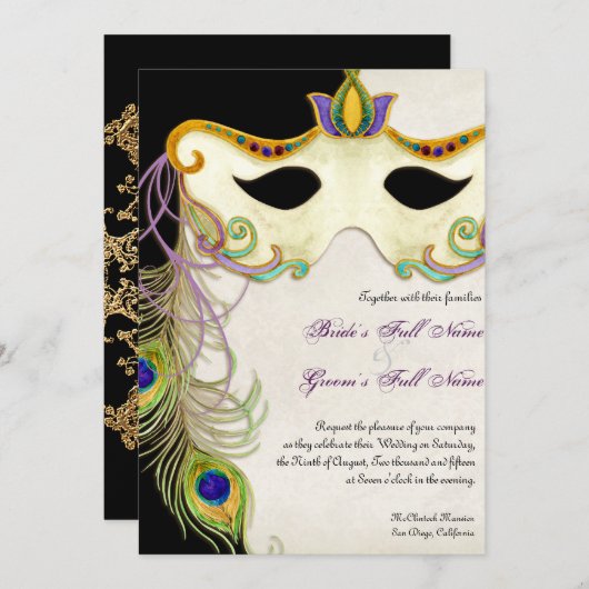 Boule Mascarade Peacock - Faire-part de mariage (Devant / Derrière)
