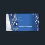 Boules De Noël Sur Étiquette Bleu<br><div class="desc">Un design de Noël élégant et élégant avec des boules de Noël,  des rubans et des flocons de neige sur arrière - plan bleu en gris argenté et bleu. Personnalisez-le avec votre texte.</div>