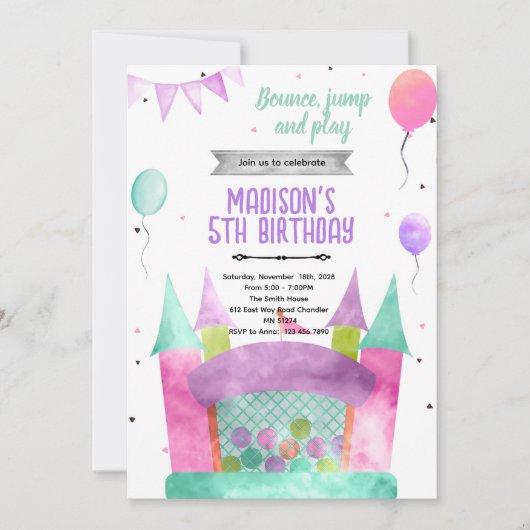 Bounce house girl theme invitation (Devant)