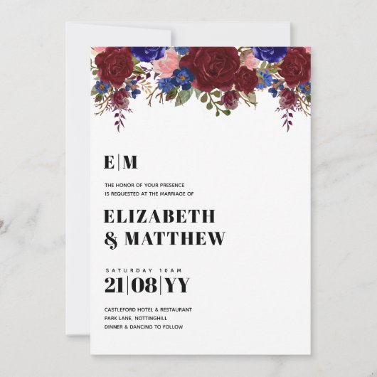 Bouquet Bourgogne Bleu Roses Mariage Invitation (Devant)