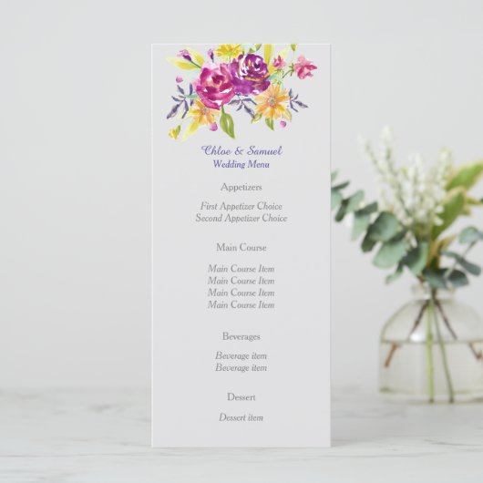 Bouquet coloré d'aquarelle Menu Mariage (Debout devant)