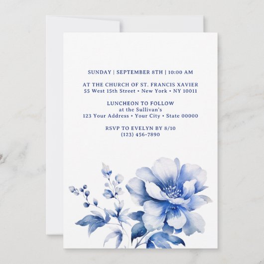 Bouquet de fleurs bleues Baptême Invitation (Dos)