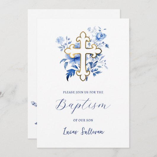 Bouquet de fleurs bleues Baptême Invitation (Devant / Derrière)