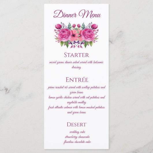 Bouquet de fleurs roses d'aquarelle - Menu Mariage (Devant)