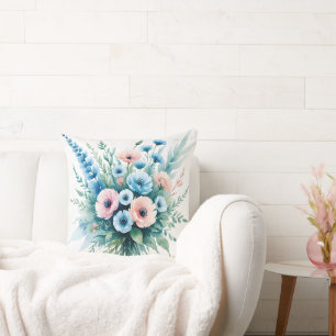 "Bouquet de fleurs sauvages Bleu & Rosé Coussin