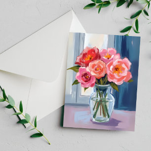 Bouquet de roses roses Vase en verre Carte florale