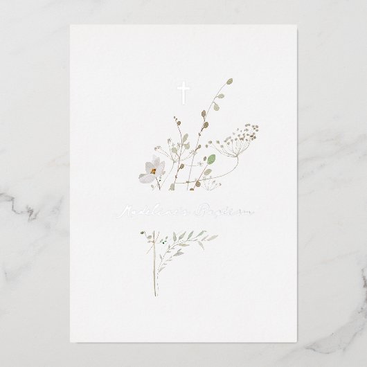 bouquet délicat Baptême feuille argent Invitation (Recto)