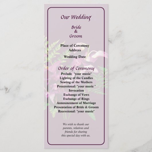 Bouquet d'orchidées pourpres et programme de maria (Devant)