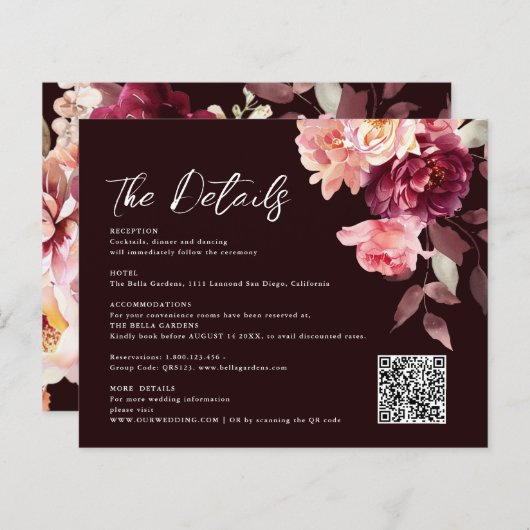 Bouquet Floral Burgundy QR code Details Wedding  (Voorkant / Achterkant)