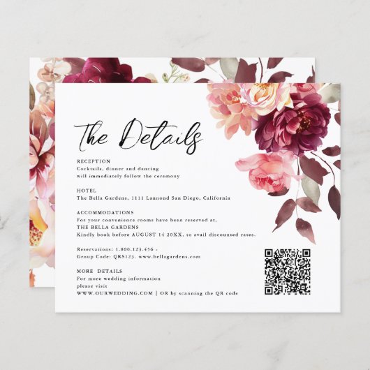 Bouquet Floral Burgundy QR code Details Wedding  (Voorkant / Achterkant)