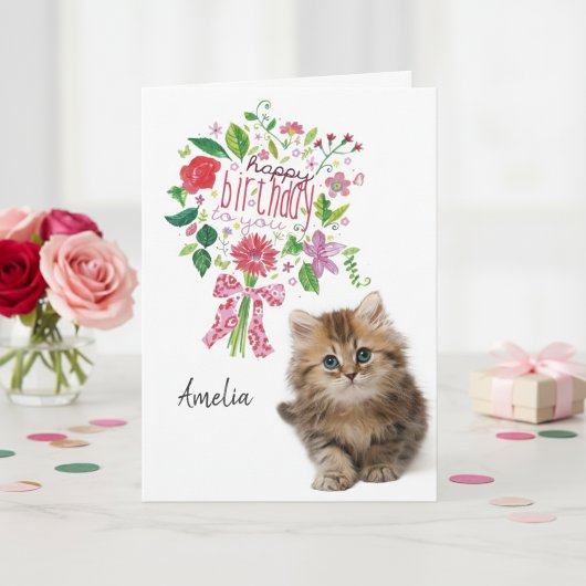 Bouquet floral Cute Kitten Carte d'anniversaire