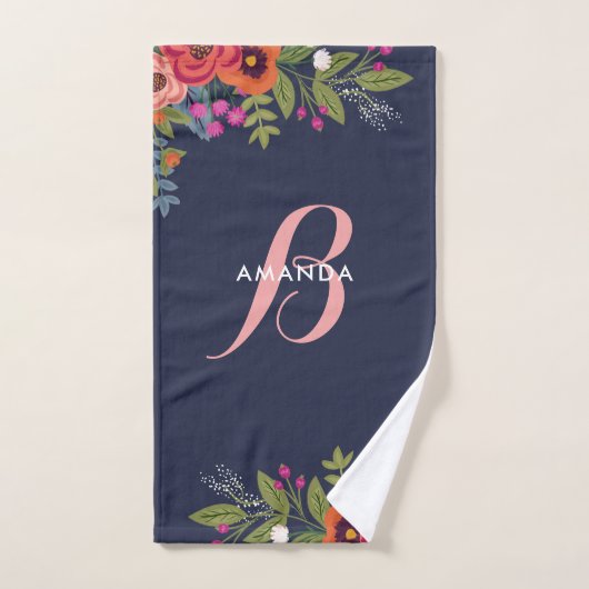 Bouquet floral de Boho - bleu marine et monogramme (Serviette à main)