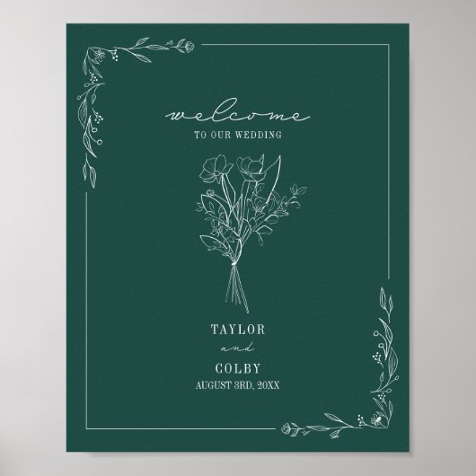 Bouquet Line Art Emerald Wedding Welcome Poster (Voorkant)