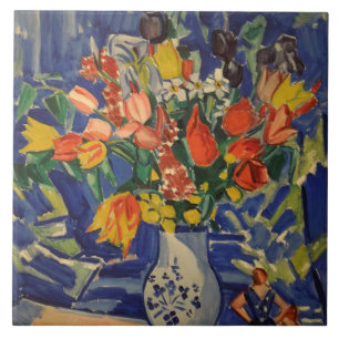  Bouquet met figuren op de achtergrond Tegeltje