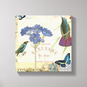 Bouquet van Bloemen, Vogels en Butterflies Canvas Afdruk