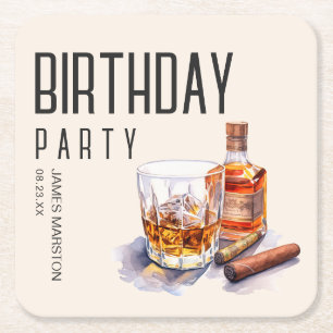 Bourbon en sigaar verjaardagsfeestje vierkante kartonnen onderzetter