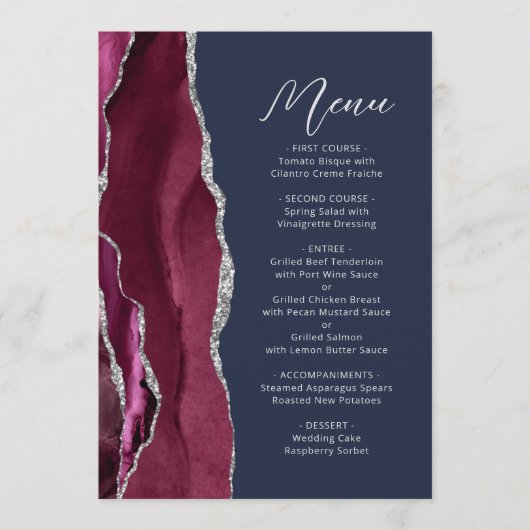 Bourgogne Agaat Zilveren Script Marine Blauwe brui Menu (Voorkant)