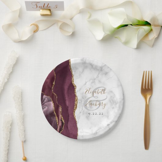 Bourgogne Agate Marble Gold Script Weddenschap Papieren Bordje (Huwelijk)
