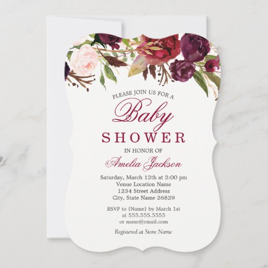 Bourgogne Baby shower Floral Rouge Invitation (Devant)