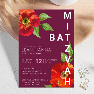Bourgogne Bat Mitzvah Bloemen Waterverf Modern Kaart