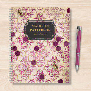 Bourgogne Bee Damask Girly Chic Moderne Naam Notitieboek
