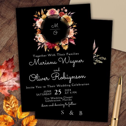 Bourgogne Beige Black Floral Faire-part de mariage
