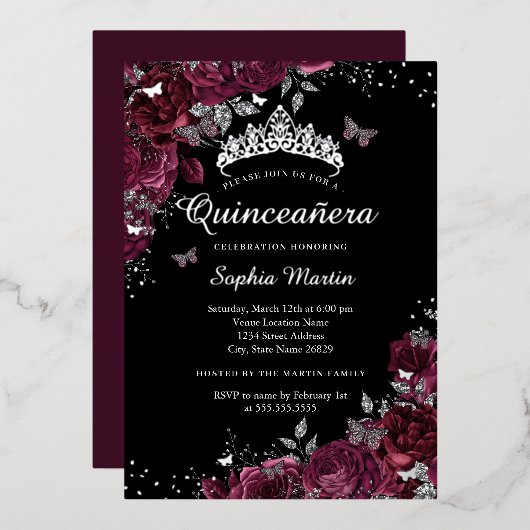 Bourgogne Black Floral Elegant Zilver Quinceanera Folie Uitnodiging (Voorkant / Achterkant)