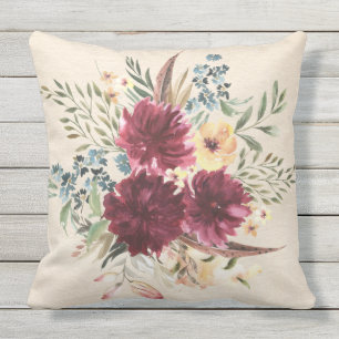 Bourgogne, blauw, peach Floral Outdoor Pillow 20x2 Buitenkussen