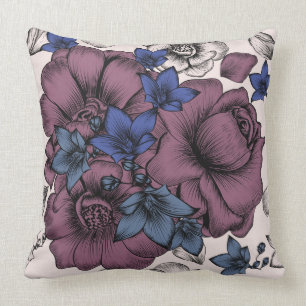 Bourgogne/blauw/Tan Floral Pillow Kussen