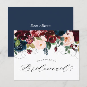 Bourgogne Blauwe Bloemen Bruidsmeisje Voorstelkaar Uitnodiging Briefkaart