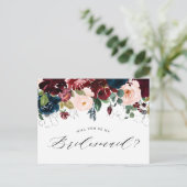 Bourgogne Blauwe Bloemen Bruidsmeisje Voorstelkaar Uitnodiging Briefkaart (Staand voorkant)