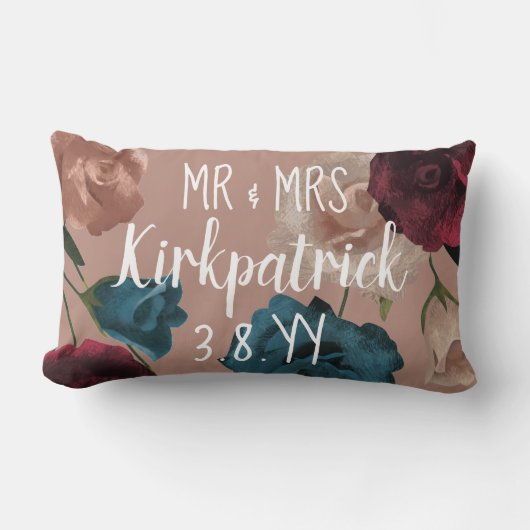 Bourgogne, Blauwgroen, Beige Bruiloft Rozen Pas ge Kussen (Voorkant)