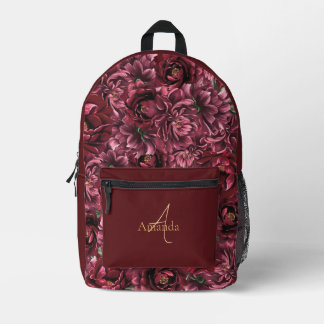 Bourgogne Bloem Elegantie met Gouden Accent Bedrukte Rugzak