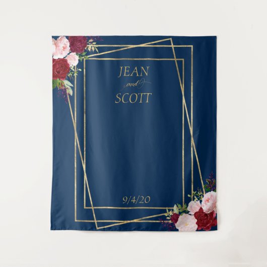 Bourgogne Bloem Navy Goud Lijst Blush Roze Wandkleed (Voorkant)