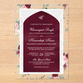 Bourgogne Bloemen Anand Karaj Punjabi Sikh Bruilof Acryl Uitnodigingen (Voorkant)