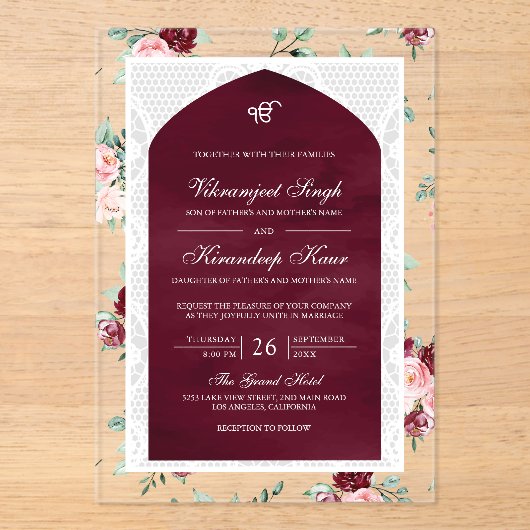 Bourgogne Bloemen Anand Karaj Punjabi Sikh Bruilof Acryl Uitnodigingen (Voorkant)