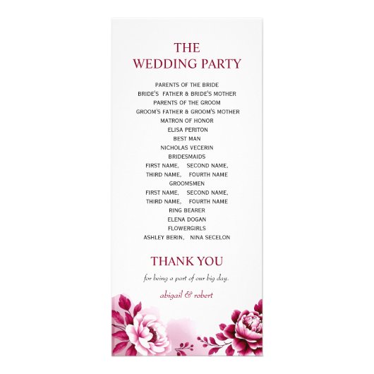 Bourgogne bloemen bloemenkam huwelijksprogramma reclamekaart (Achterkant)