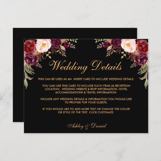 Bourgogne Bloemen bruiloft Details Zwart Inzetstuk Briefkaart (Voorkant / Achterkant)