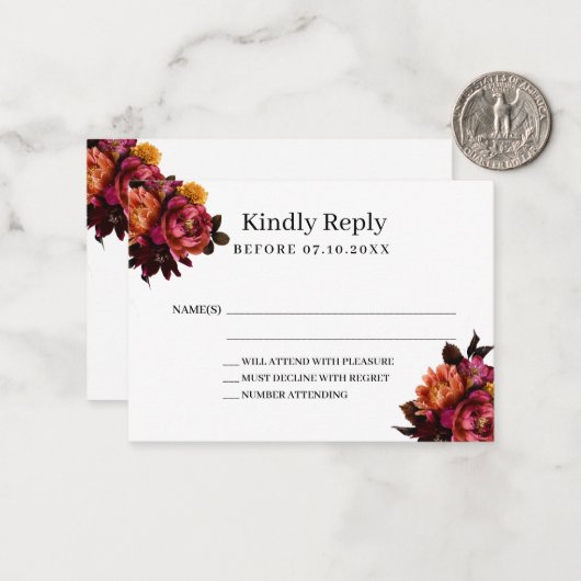 Bourgogne bloemen bruiloft reactie RSVP Notitiekaartje (Voorkant / Achterkant in situ)