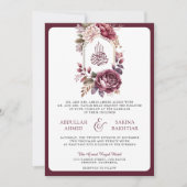 Bourgogne Bloemen Crest QR code Moslim Bruiloft Kaart (Voorkant)