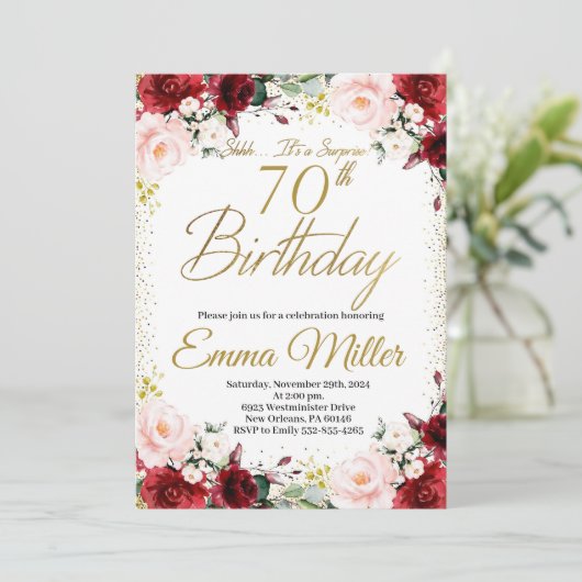 Bourgogne Bloemen en Goud Verrassing 70e Verjaarda Kaart (Staand voorkant)