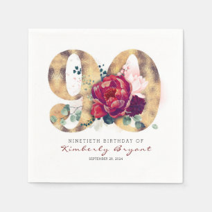 Bourgogne Bloemen en Gouden Typografie 90e Verjaar Servet