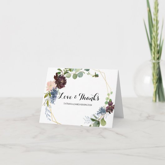 Bourgogne Bloemen en groen Bruiloft Dank u Bedankkaart (Voorkant)