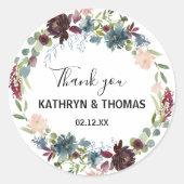 Bourgogne Bloemen en groen Dank u Favor Ronde Sticker (Voorkant)