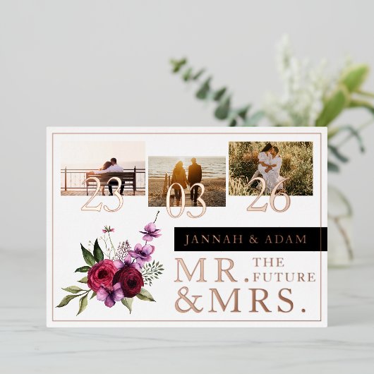 Bourgogne Bloemen Foto Bruiloft Mr en Mrs Roos Folie Uitnodiging (Staand Voorkant)
