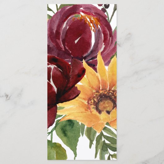 Bourgogne Bloemen Geel Zonnebloemen Bruiloft Menu (Achterkant)