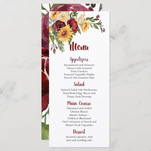 Bourgogne Bloemen Geel Zonnebloemen Bruiloft Menu (Voorkant / Achterkant)