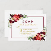 Bourgogne Bloemen Goud Boho Bruiloft RSVP (Voorkant / Achterkant)