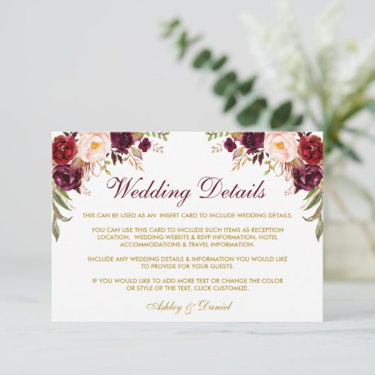 Bourgogne Bloemen Goud Bruiloft Details invoegen K Informatiekaartje (Staand voorkant)