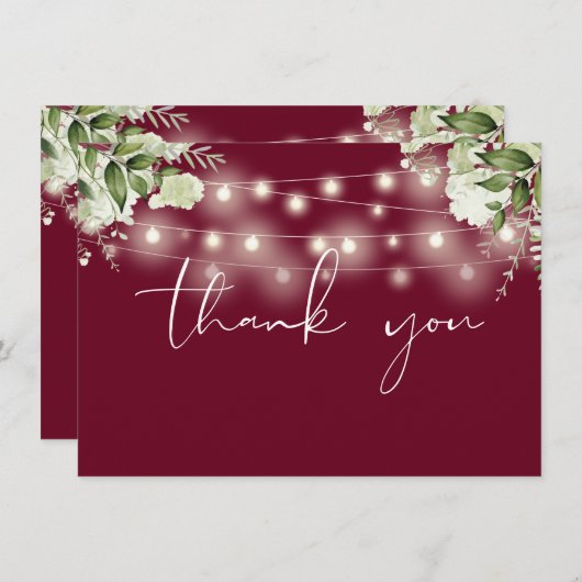 Bourgogne Bloemen Greenery String Lights Bedankkaart (Voorkant / Achterkant)